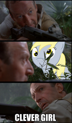 Size: 560x946 | Tagged: safe, artist:duskapassadig, derpy hooves, human, pegasus, pony, clever girl, comic, crossover, female, gun, jurassic park, male, mare, rifle, robert muldoon, weapon