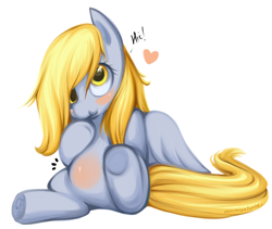 Size: 782x660 | Tagged: safe, artist:shineymagic, derpy hooves, pegasus, pony, blushing, cute, female, heart, hiccups, mare, simple background, solo, underhoof, white background