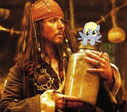 Size: 397x350 | Tagged: artist needed, safe, derpy hooves, human, pegasus, pony, derp, female, jack sparrow, jar of dirt, jar of pony, male, mare, pirates of the caribbean, pony in a bottle