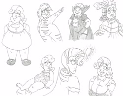 Size: 3250x2533 | Tagged: safe, artist:catstuxedo, rarity, sweetie belle, human, luna eclipsed, magic duel, scare master, the show stoppers, twilight time, barefoot, chubby, clothes, costume, fat, feet, horned humanization, humanized, monochrome, nightmare night costume, scene interpretation, sweetie belly, swimsuit