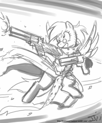Size: 667x800 | Tagged: safe, artist:johnjoseco, derpy hooves, pony, bipedal, clothes, crossover, dual wield, grayscale, gun, monochrome, solo, trigun, vash the stampede, weapon