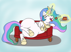 Size: 3072x2253 | Tagged: safe, artist:superninja, princess celestia, alicorn, pony, belly, cake, cakelestia, chubbylestia, eating, eyes closed, fat, food, magic, on side, simple background, sofa, solo, telekinesis