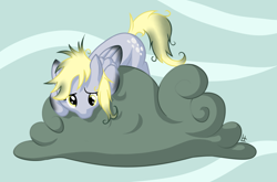 Size: 1280x845 | Tagged: safe, artist:fearingfun, derpy hooves, pegasus, pony, cloud, cute, derpabetes, female, i just don't know what went wrong, looking down, mare, messy mane, singed, solo, stormcloud