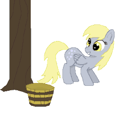Size: 310x310 | Tagged: safe, artist:tomdantherock, derpy hooves, pegasus, pony, animated, bucket, bucking, female, gif, how, looking back, mare, muffin, simple background, solo, transparent background, tree