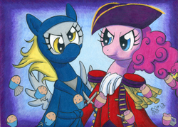 Size: 1271x908 | Tagged: safe, artist:alipes, derpy hooves, pinkie pie, earth pony, pegasus, pony, ask, ask pinkie pierate, bicorne, bipedal, clothes, duo, epaulettes, female, food, gradient background, hat, mare, muffin, ninja, pirate, tumblr