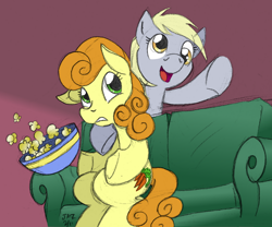 Size: 800x666 | Tagged: safe, artist:elosande, artist:pacce, carrot top, derpy hooves, golden harvest, earth pony, pegasus, pony, duo, duo female, female, food, mare, popcorn, sitting, sofa