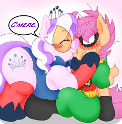 Size: 1727x1757 | Tagged: safe, artist:blackbewhite2k7, diamond tiara, scootaloo, earth pony, pegasus, pony, batman, blushing, chubby diamond, clothes, commission, costume, crossover, fat, female, kissing, lesbian, pig nose, robin, scootiara, shipping, surprise kiss, the capitalist piglette, wingboner, wip