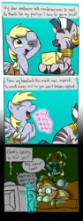 Size: 451x1200 | Tagged: safe, artist:elosande, carrot top, derpy hooves, golden harvest, zecora, earth pony, pegasus, pony, zebra, comic, female, letter, mare, mask, package, scared, sofa, television