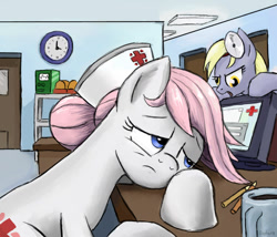 Size: 1100x943 | Tagged: safe, artist:gsphere, derpy hooves, nurse redheart, earth pony, pegasus, pony, duo, duo female, female, head mirror, hospital, mare, sleepy, tired, working