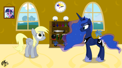 Size: 7680x4320 | Tagged: safe, artist:tbcroco, derpy hooves, princess luna, twilight sparkle, alicorn, pegasus, pony, absurd resolution, clock, female, mare, shelf, sword, weapon