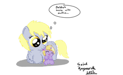 Size: 900x546 | Tagged: dead source, safe, artist:awildfantasy, derpy hooves, dinky hooves, fluffy pony, pegasus, pony, unicorn, baby, cute, daaaaaaaaaaaw, female, filly, fluffyderpy, fluffydinky, licking, love, mare, prone