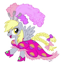 Size: 800x800 | Tagged: safe, artist:drchrissy, derpy hooves, pegasus, pony, bow, braided tail, clothes, dress, female, fork, happy, high heels, mare, muffin, simple background, solo, spread wings, tail bow, white background