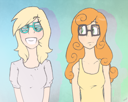 Size: 500x400 | Tagged: safe, artist:true-gentlemen, carrot top, derpy hooves, golden harvest, human, duo, duo female, female, glasses, hipster, humanized