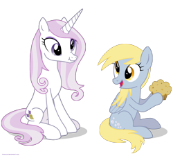 Size: 3500x3148 | Tagged: safe, artist:larsurus, part of a series, part of a set, derpy hooves, fleur-de-lis, pegasus, pony, unicorn, derp, duo, duo female, female, high res, mare, muffin, scrunchy face, simple background, sitting, transparent background, vector