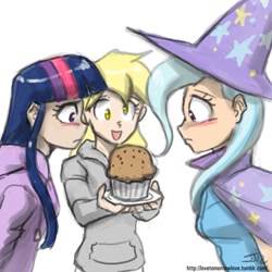 Size: 1059x1059 | Tagged: safe, artist:johnjoseco, derpy hooves, trixie, twilight sparkle, human, blushing, clothes, eyes on the prize, female, food, hoodie, humanized, muffin