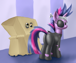 Size: 1200x1000 | Tagged: safe, artist:arrkhal, derpy hooves, twilight sparkle, pegasus, pony, unicorn, bandage, box, clothes, costume, disguise, duo, eyepatch, female, future twilight, mare