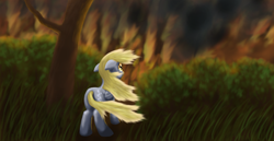 Size: 1200x620 | Tagged: safe, artist:arrkhal, derpy hooves, pegasus, pony, epic derpy, female, fire, floppy ears, forest fire, mare, rear view, solo, tree, windswept mane
