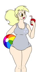 Size: 700x1250 | Tagged: dead source, safe, artist:bigponiesinc, derpy hooves, human, aderpose, alternate hairstyle, beach ball, belly, bendy straw, breasts, chubby, cleavage, clothes, cute, cutie mark on clothes, derpabetes, derpy loaves, drink, drinking straw, fat, female, freckles, humanized, one-piece swimsuit, open mouth, plump, ponytail, simple background, smiling, solo, swimsuit, transparent background, wide hips