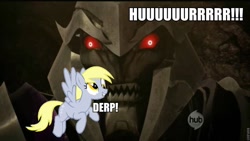 Size: 960x540 | Tagged: safe, derpy hooves, pegasus, pony, crossover, derp, duo, female, hub logo, mare, megatron, roflbot, transformers