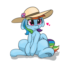 Size: 1262x1262 | Tagged: safe, artist:pabbley, rainbow dash, pegasus, pony, chest fluff, cute, dashabetes, female, floating heart, floppy ears, flower, frog (hoof), hat, heart, hnnng, mare, rainbow dash always dresses in style, simple background, sitting, solo, sun hat, underhoof, white background