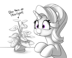 Size: 2204x1781 | Tagged: safe, artist:pabbley, phyllis, starlight glimmer, pony, unicorn, a horse shoe-in, :p, cute, eye clipping through hair, female, glimmerbetes, hallucination, insanity, mare, partial color, plant, potted plant, pure unfiltered evil, silly, smiling, solo, tongue out, wrong eye color