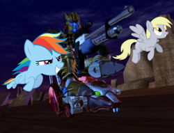 Size: 600x458 | Tagged: safe, derpy hooves, rainbow dash, pegasus, pony, beast wars, cute, dashabetes, dinobot (beast wars), female, feminism, flying, gun, mare, rattrap, rifle, transformers, weapon