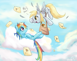 Size: 1500x1200 | Tagged: safe, artist:balderdashington, derpy hooves, rainbow dash, pegasus, pony, cloud, duo, duo female, female, letter, looking at each other, mail, mailbag, mare, on back