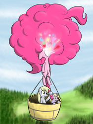 Size: 1500x2000 | Tagged: safe, artist:lamia, derpy hooves, dinky hooves, pinkie pie, earth pony, pegasus, pony, unicorn, female, filly, hot air balloon, huge mane, mare, tail, tail pull, wat