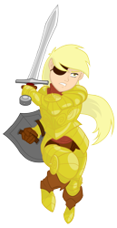 Size: 1275x2475 | Tagged: safe, artist:equestria-prevails, derpy hooves, human, armor, eyepatch, female, general derpy, humanized, running, shield, simple background, solo, sword, transparent background, weapon