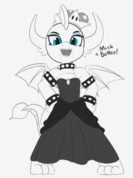 Size: 1280x1710 | Tagged: safe, artist:pabbley, smolder, dragon, bowsette, choker, clothes, cute, dragoness, dress, female, hand on hip, princess smolder, simple background, sketch, smiling, smolderbetes, solo, speech, spiked choker, spiked wristband, super crown, wristband