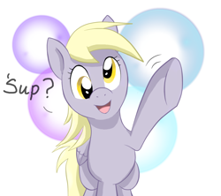 Size: 900x800 | Tagged: safe, artist:perfectpinkwater, derpy hooves, pegasus, pony, abstract background, bubble, female, hoofbump, looking at you, mare, smiling, solo, waving