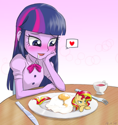 Size: 1100x1168 | Tagged: safe, artist:ta-na, sunset shimmer, twilight sparkle, twilight sparkle (alicorn), pony, unicorn, equestria girls, bacon hair, blushing, breakfast, drool, egg (food), female, fetish, food, heart, imminent vore, lesbian, micro, ponies in food, pony as food, pun, shipping, sunset shimmer dressing up as food, sunsetsparkle, tea, teacup, visual pun
