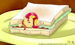 Size: 1600x967 | Tagged: safe, artist:vanillafox2035, sunset shimmer, pony, micro, ponies in food, sandwich, solo, sunset shimmer dressing up as food, tiny ponies