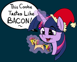 Size: 1075x869 | Tagged: safe, artist:allyclaw, sunset shimmer, twilight sparkle, pony, :t, bacon hair, cookie, eating, food, hat, implied cannibalism, levitation, magic, open mouth, santa hat, smiling, solo, sunset shimmer dressing up as food, telekinesis, wat