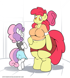 Size: 1229x1369 | Tagged: safe, artist:myfetishsituation, apple bloom, sweetie belle, anthro, unguligrade anthro, apple blob, apple bloomed, arm hooves, belly button, belt, breasts, clothes, fat, female, skirt