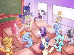 Size: 1360x1023 | Tagged: safe, artist:solar-slash, applejack, bon bon, derpy hooves, fluttershy, lyra heartstrings, octavia melody, pinkie pie, princess luna, rainbow dash, rarity, sweetie drops, trixie, twilight sparkle, alicorn, earth pony, pegasus, pony, unicorn, book, classroom, desk, female, glasses, mane six, mare, muffin