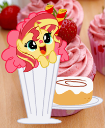 Size: 521x631 | Tagged: safe, artist:moonlight-the-pony, artist:wynterstar93, sunset shimmer, pony, unicorn, base used, cup, cup of pony, cute, diabetes, female, food, ice cream, mare, micro, open mouth, shimmerbetes, strawberry, sunset shimmer dressing up as food, weapons-grade cute