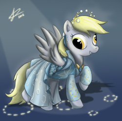 Size: 2116x2093 | Tagged: safe, artist:scarabdynasty1, derpy hooves, pegasus, pony, clothes, dress, female, high res, jewelry, mare, raised hoof, smiling, solo, tiara