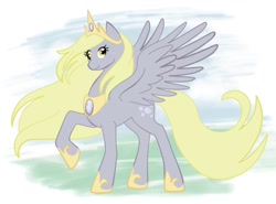 Size: 774x574 | Tagged: safe, artist:bux, derpy hooves, alicorn, pony, abstract background, alicornified, derpicorn, female, mare, princess, race swap, raised hoof, smiling, solo, spread wings, wings