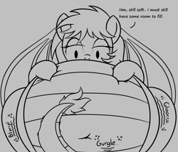 Size: 1280x1097 | Tagged: safe, artist:zeldafan777, oc, oc only, oc:emilia 'emmy' emberseed, dracony, hybrid, adorafatty, belly, belly button, cute, fat, female, monochrome, solo, stomach noise, stuffed