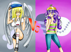 Size: 3509x2550 | Tagged: safe, artist:manhunterj, derpy hooves, screwball, human, fighting is magic, cutie mark background, duo, duo female, female, high res, humanized, winged humanization