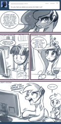 Size: 600x1210 | Tagged: safe, artist:johnjoseco, derpy hooves, dinky hooves, princess cadance, princess luna, twilight sparkle, alicorn, pegasus, pony, unicorn, ask princess molestia, comic, computer, computer mouse, drink, female, filly, gamer luna, headset, juice, juice box, manual, mare, princess, straw