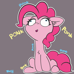 Size: 1280x1280 | Tagged: safe, artist:pabbley, pinkie pie, earth pony, pony, 30 minute art challenge, chest fluff, cute, derp, diapinkes, endless quoting, female, looking up, mare, no catchlights, ponk, silly, simple background, sitting, solo, white outline