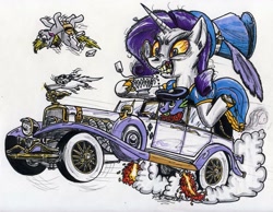 Size: 1151x892 | Tagged: safe, artist:sketchywolf-13, derpy hooves, opalescence, rarity, spike, dragon, pegasus, pony, unicorn, bloodshot eyes, car, cigarette, cigarette holder, cup, duesenberg, female, food, gritted teeth, hat, male, mare, monocle, rat fink, tea, teacup