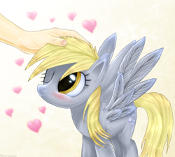 Size: 680x611 | Tagged: safe, artist:lova-gardelius, derpy hooves, human, pegasus, pony, blushing, cute, derpabetes, female, hand, heart, love, mare, one eye closed, petting, wink