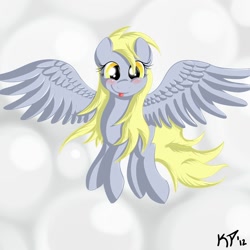 Size: 2000x2000 | Tagged: safe, artist:kinkyspree, derpy hooves, pegasus, pony, cloud, female, flying, high res, looking at you, mare, smiling, solo, spread wings, tongue out, wings