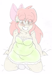 Size: 2006x2869 | Tagged: safe, artist:blackbewhite2k7, apple bloom, human, apple blob, blushing, chubby, clothes, commission, fat, freckles, humanized, looking at you, nightgown, older, sketch, solo, wip