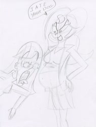 Size: 1243x1641 | Tagged: artist needed, safe, spike, sunset shimmer, twilight sparkle, equestria girls, belly, dialogue, fetish, monochrome, shocked, spike the dog, vore, voreset shimmer