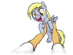 Size: 800x600 | Tagged: safe, artist:myminiatureequine, derpy hooves, human, pony, cute, daaaaaaaaaaaw, female, filly, foal, happy, holding a pony, offscreen character, pov, simple background, smiling, transparent background