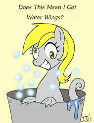 Size: 500x659 | Tagged: safe, artist:johnjoseco, derpy hooves, sea pony, bubble, bucket, female, grin, smiling, solo, species swap